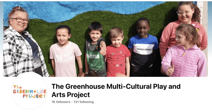 Facebook page titled 'The Greenhouse Multi-Cultural Play and Arts Project' with a background picture of 6 children and 1 adult.